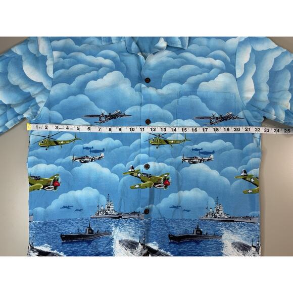 Aloha Republic Mens Military Plane Hawaiian Shirt L Ships Navy Tropical Vacation - Picture 8 of 10